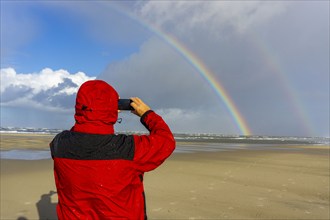 North Sea, Spiekeroog Island, autumn, rainy weather, with sun, rainbow, East Frisian Islands, beach