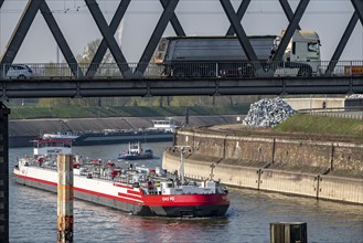 Ruhrorter Straße bridge over the harbour canal, Duisburg-Ruhrort inland port, tanker, Duisburg,