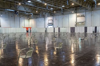 Construction of a vaccination centre for corona vaccinations, in a hall at Messe Essen, by the