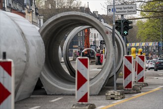 Concrete sewer pipes, stored on a construction site during sewer renovation work, on the Dickswall,