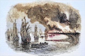 Dutch Fleet in the Medway England, Burning of Sheerness 1667, From Old England's Worthies by Lord