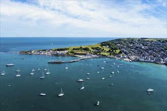 Swanage and Swanage Bay from a drone, Jurassic Coast, Dorset Coast, Poole, England, United Kingdom,