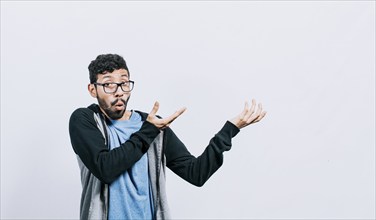 Person pointing palms to the side, Shocked people pointing both hands to the right, Shocked guy