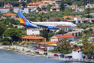 A Boeing 737-800 Jet2 aircraft with registration G-JZBP at Skiathos Airport, Greece, Europe