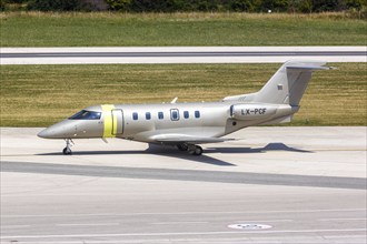 A Pilatus PC-24 Jetfly aircraft with the registration LX-PCF at Split Airport, Croatia, Europe