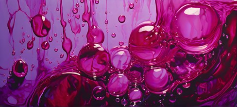 A cluster of iridescent vibrant magenta oil bubbles floating on a water surface, AI generated