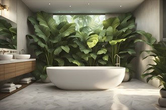 Modern bathroom with bath tube and tropical plants, AI generated