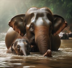 Asian elephant (Elephas maximus), young animal and elephant cow bathing in a river, AI generated,