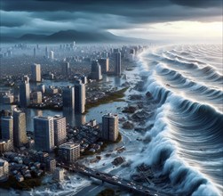 A monster wave, a tsunami, floods and destroys the houses of a city, climate change, climate