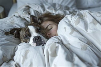 Dog seeping with human owner in bed, KI generiert, generiert, AI generated