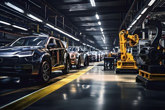 AI generated automotive assembly line in car manufacturing progression with automated machines