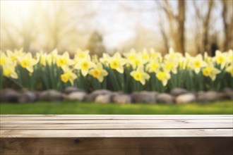 Wooden empty board with blurry yellow Daffodil spring flowers in background. KI generiert,