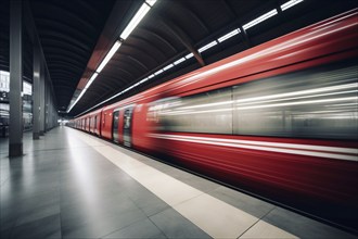 Fast red train passing station platform. KI generiert, generiert AI generated