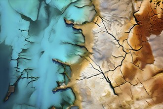 Aerial view capturing the abstract geometric patterns of a dry desert landscape, AI generated