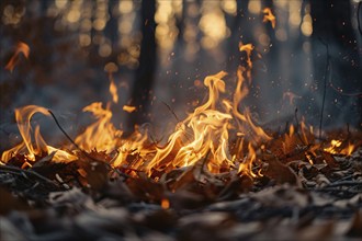 Fire burning in forest, AI generated