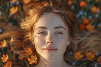 Portrait of a beautiful young woman with red hair lying in a meadow, surrounded by crocus flowers,