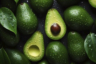 Top view of whole and halved avocado fruits. KI generiert, generiert, AI generated