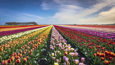 Agriculture, dense, intensely colourful flowering tulip field in Holland, AI generated, AI