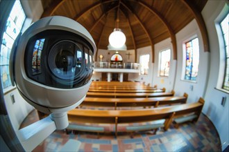 A surveillance camera, CCTV, in a church, protection against vandalism, AI generated, AI generated,