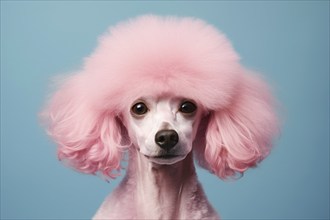 Poodle dog with pink dyed fur in front of blue studio background. KI generiert, generiert, AI