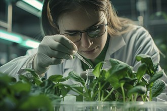 Female scientist researching on plants in laborotory. Concept for biotechnology and genetic