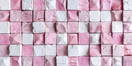 Wall with square shaped white and pink stone cubes. KI generiert, generiert, AI generated