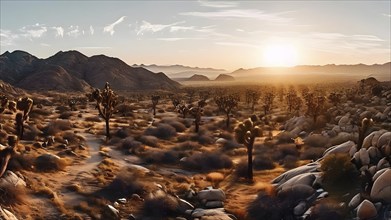 Mojave desert with joshua trees sprinkled in a sunrise, AI generated