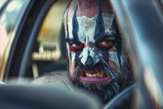 Angry, aggressive man with war paint sits behind the wheel, symbolic image for aggressive behaviour