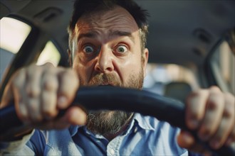 A man sits in a car and looks at the speedometer in surprise and shock, symbolic image, distraction