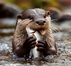 An otter eats a fish, AI generated, AI generated