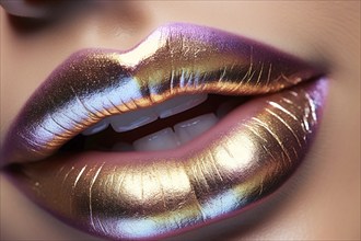 Close up of woman's lips with unusual metallic lipstick. KI generiert, generiert AI generated