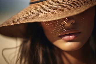 Woman with summer straw hat covering her face with blurry beach in background. KI generiert,