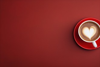 Top view of cup with coffee and heart shaped latte art on side of red background with copy space.