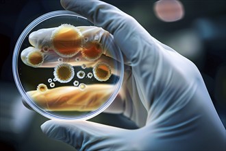 Scientist's hand holding petri dish with bacteria colony. KI generiert, generiert, AI generated