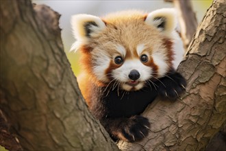 Cute red panda bear in tree. KI generiert, generiert, AI generated