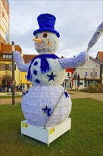 Snowman with hat, carrot nose, broom, top hat, scarf, illuminated figurine, mouth, eyes, funny