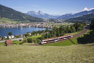 Stadler Flirt railway passenger train of the Swiss Federal Railways SBB on the Großer Mythen