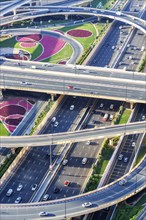 Intersection of Sheikh Zayed Road Traffic on the road near the Burj Khalifa in Dubai, United Arab