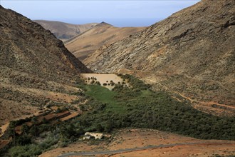 Dam and reservoir partially silted up by sediment, Presa de la Penitas, Fuerteventura, Canary