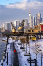 The skyline of Frankfurt am Main, skyscrapers of the banking district, historic harbour cranes at