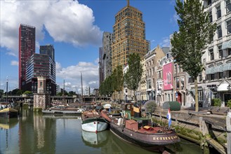 Rotterdam city centre, Oudehaven, historic harbour, historic ships, modern city backdrop,