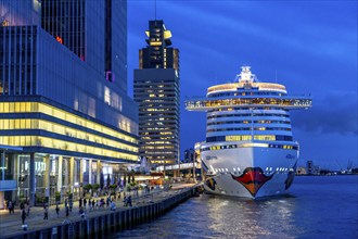 Rotterdam, skyline at the Nieuwe Maas, skyscrapers at the Kop van Zuid district, cruise ship Aida