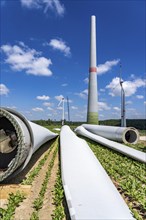 Repowering of a wind farm, near Brilon-Radlinghausen, 2 old turbines are demolished, rotors and