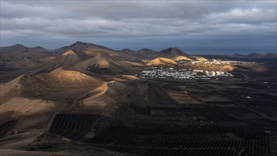 Volcanic landscape, aerial view, near Uga, Lanzarote, Canary Islands, Spain, Europe