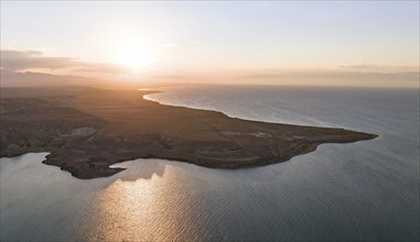 Evening mood, aerial view, landscape at Lake Issyk Kul, Kyrgyzstan, Asia