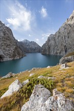 Mountain lake Kol Suu rocky steep mountains, Kol Suu Lake, Sary Beles Mountains, Naryn Province,