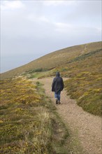 Woman wearing kagoule walking along the South West coast path at St Agnes head, Cornwall, England,