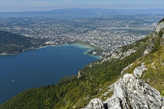 View from Mont Veyrier to the lake of Annecy, Lac d'Annecy, and the town of Annecy, Haute-Savoie,