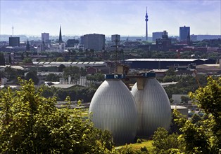 City panorama from Deusenberg with digesters and Florianturm, Dortmund, Ruhr area, North