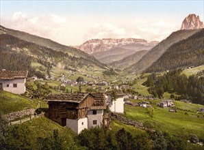 Val Gardena, with Sella and Langkofl mountains, Tyrol, former Austro-Hungary, today Italy, c. 1890,